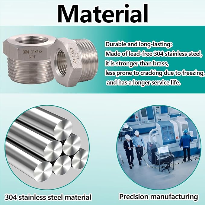 2 Pcs 1" Male NPT to 1/2" Female NPT Reducer Hex Bushing，304 Stainless Steel Pipe Fitting Hex Bushing, Heavy Duty Pipe Fitting Reducer Adapter