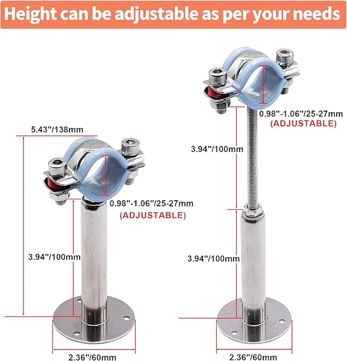 AKIHISA 2 Pcs 304 Stainless Steel Pipe Supports, Wall Mount Ceiling Mount Pipe Hanger, Pipe Holder for OD Pipe 25-27MM Adjustable Height Range 100-200mm