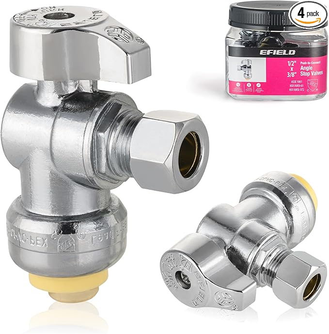 Pro 4-Pack EFIELD Push Fit 1/4 Turn Angle Stop Valve,1/2 Push Fit x 3/8 Inch Compression, Chrome Plated LF Brass, Heavy Duty With Disconnect Clip,(PF-VALVE082)