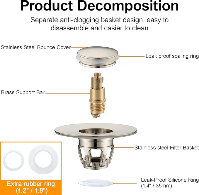 Bathroom Sink Drain Stopper for 1.1 to 1.5 inch Standard Drain Holes, Pop-up Sink Stoppers, Bullet Core Push Type Basin Drain Filter, Anti Clogging Stainless Steel Sink Strainer With Basket, Brushed