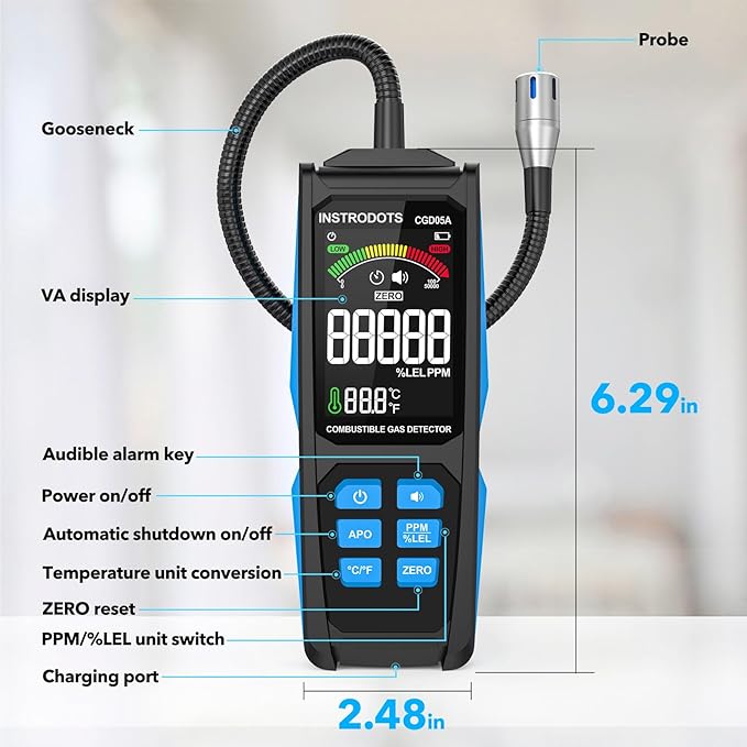 Natural Gas Detector, Gas Leak Detector with Audible & Visual Alarm, Rechargeable Gas Sniffer with 11.3-inch Gooseneck, Locating Propane, Natural Gas, Combustible Gas Leak for Home and RV