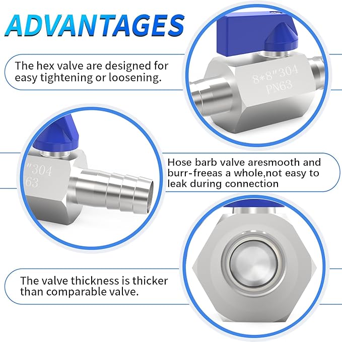 ChillWaves 304 Stainless Steel Mini Ball Valve, Shut Off Switch Ball Valve 5/16" Barb with Hose Clamp for Water、Gas、Fuel、Drip Irrigation and Aquariums(1-PACK)