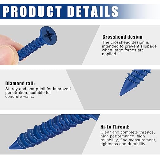 200 Qty 3/16" x 1-1/4" Phillips Flat Head Concrete Screws Anchor with Drill Bits Blue Screws for Anchor Masonry, Block, Brick, Cement, Stucco, Diamond Point and Wood Fastening