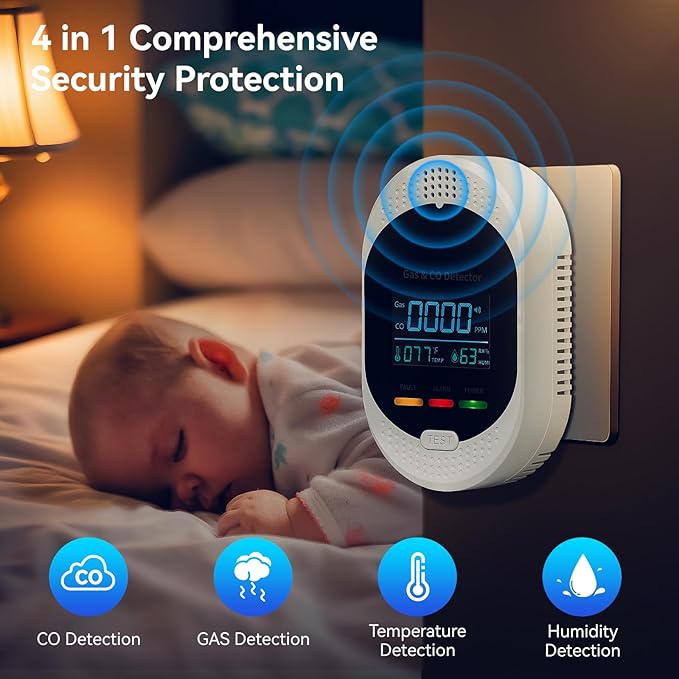 4-in-1 Carbon Monoxide Detectors,Plug in Combustible Gas Detector,Natural Gas & Co Gas Alarm Detectors with Temperature Humidity Display,Clear LCD Screen Sound Light Dual Alarm for Home RV Travel