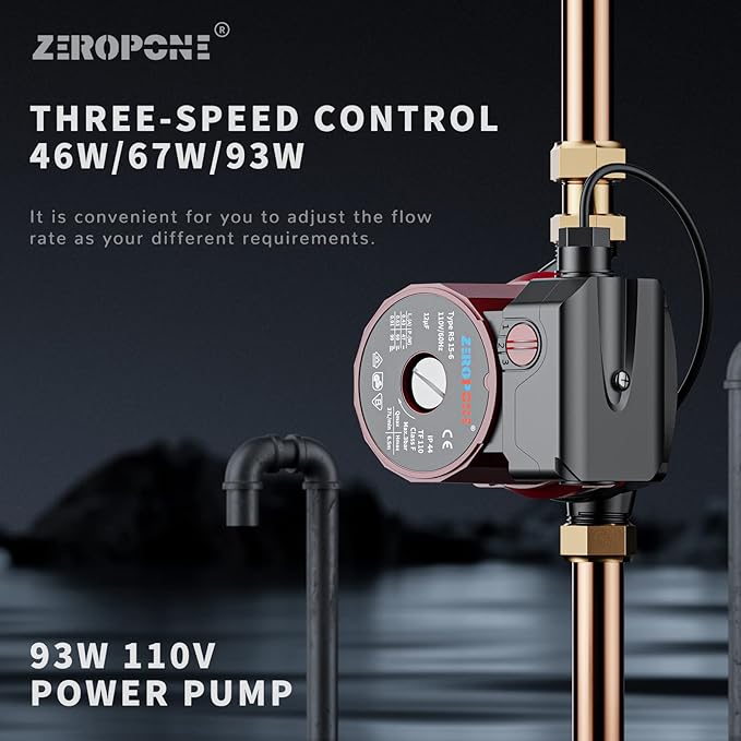 Recirculating Pump, 93W Water Circulator Circulating Pump NPT 3/4" w/NPT 1/2" Adapter, 15-6C 3-speed Control Recirculation for Electric Water Heater System