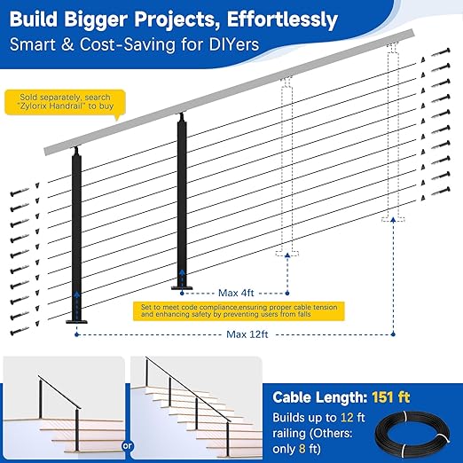 Upgraded 2-12FT Swageless Black Stair Cable Railing Post Kit 36 Inch, 2 Heavy-Duty T304 Stainless Steel Post Fit 28-38 Degree Stairway, Patent Reusable Terminal, Outdoor Finish(No Handrail)