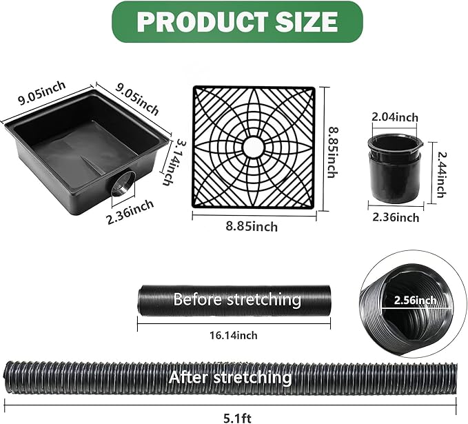 2 Pack Gutter Downspout Extensions,Catch Basin Low Profile Downspout Extender | No Deep Dig Catch Basin, Flexible Pipe Extension to 5.1ft, Protect House Foundation