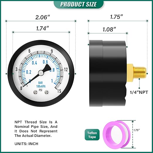 0-15PSI Well Pump Pressure Gauge 2" Dial Size, 1/8" NPT Back Mount, 3-2-3% Accuracy, for Tube, Water Pump, Gas, Liquid, Pressure Test