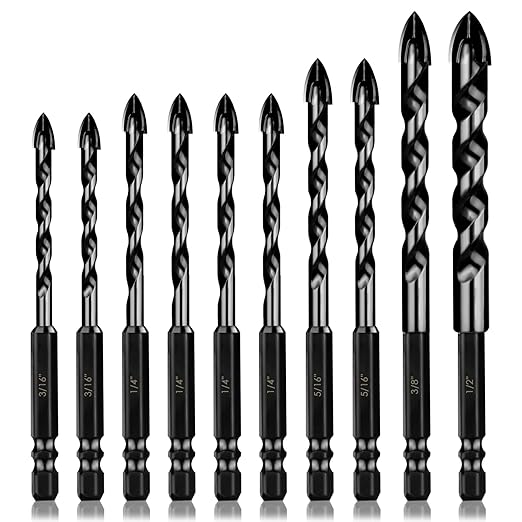 Masonry Drill Bits Set 10PCS, Concrete Drill Bit Set with Tungsten Carbide Tip for Glass,Tile, Brick, Cement, Concrete, Plastic, Cinder Block, Wood etc
