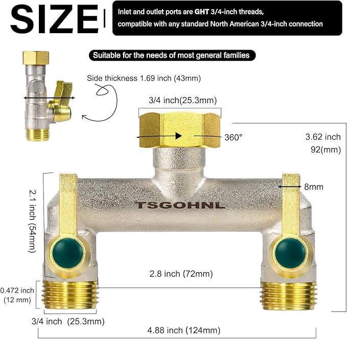 3/4 Inch Garden Hose splitter,Designed for installing multiple irrigation system timers, Suitable for high water pressure faucet manifolds,Freeze and rust resistant high flow 2 way valve