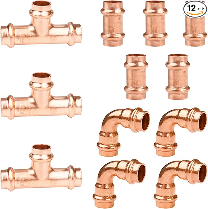WHK 12 Packs 1/2" Copper Pro Press Fittings Kit,5 PCS Propress Coupling Fittings,4 PCS Press 90 Degree Elbow with 3 PCS Propress Tee use for Connect Copper Pipe