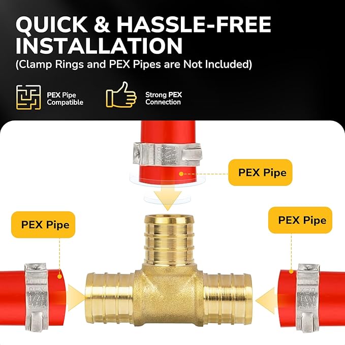 3/4" PEX Tee, PEX Fittings, Heavy-Duty Brass Crimp Fittings for PEX Pipes with Leak-Resistant Construction, NSF & UPC Certified, 5 Pack