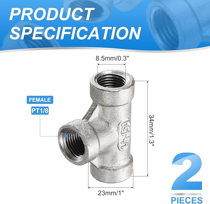 uxcell 2 Pcs 304 Stainless Steel Tee Pipe Fittings G1/8" Female Tee Adapter 3 Way t Shaped Cast Pipe Fitting Connector with Seal Tape for Plumbing Drainage Pipes Heating Systems