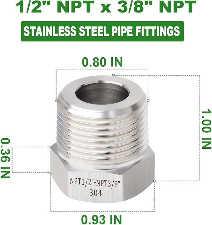 TAISHER 2PCS Forging of 304 Stainless Steel Reducer Hex Bushing, 1/2" Male NPT to 3/8" Female NPT, Reducing Forging Pipe Adapter Fitting