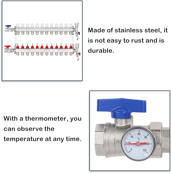 GCCSJ 12 Loops PEX Manifold Radiant Floor Heating Set Stainless Steel Heated Hydronic Heating