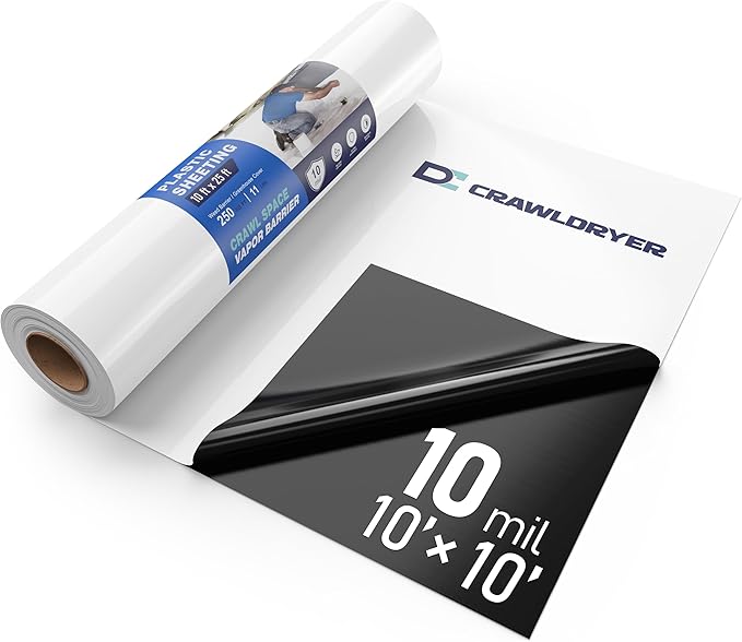 Crawl Space Vapor Barrier - 10 mil (10' x 10'), Thick Plastic sheeting, Drop Cloth Moisture Barrier Covering for Crawl Space Encapsulation, Heavy Duty Polyethylene Film, Black and White Panda Film