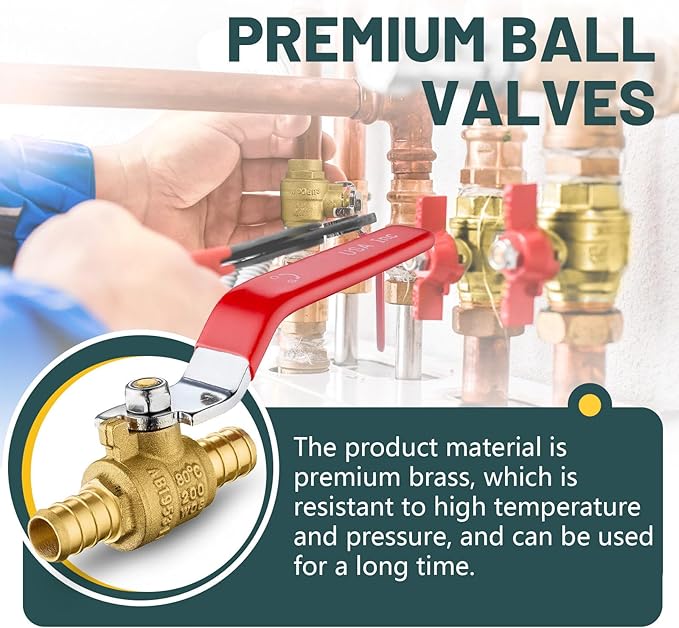 50 Pack Ball Valves, 1/2" Pex Crimp Shut Off Valve Red, Brass Full Port Pex B Shut Off Ball Valve for Hot and Cold Water, NSF/ANSI 61 Certified