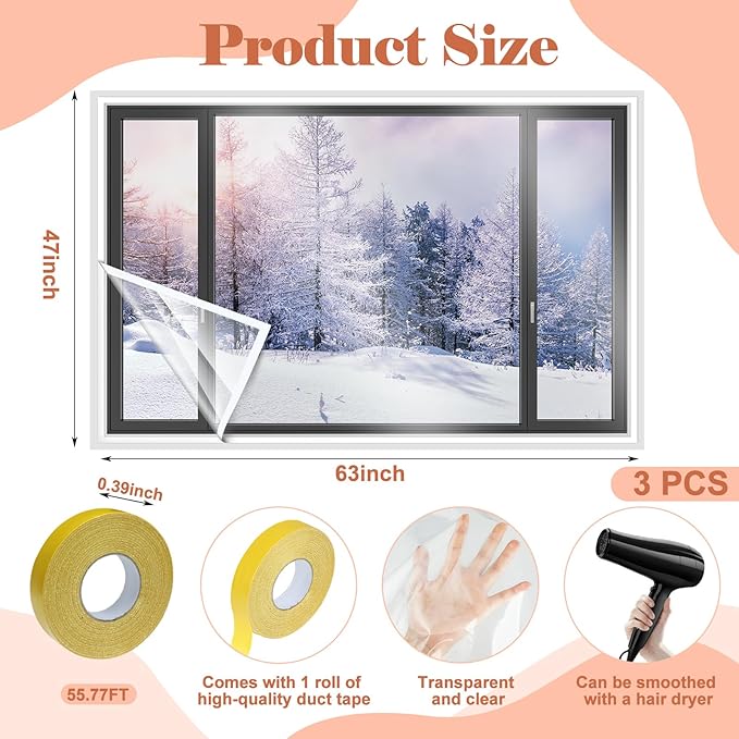 3 Pcs Window Insulation Kit Total 63 × 141 Inches Cuttable Transparent Film with Adhesive Straps Pof Shrink Film Window Plastic for Patio Winterizing Thicken Warm Winter Waterproof Insulation Cover