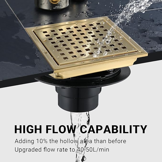 6 Inch Square Shower Floor Drain, Stainless Steel Black Shower Drain Kit with Flange, Floor Drain with Removable Grid Cover,Brushed Gold