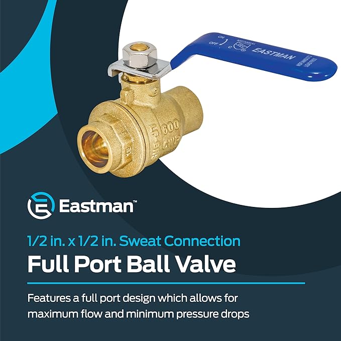 Eastman Heavy Duty Full Port Brass Ball Valve, 1/2 in Sweat x 1/2 in Sweat Connection, 20061LF