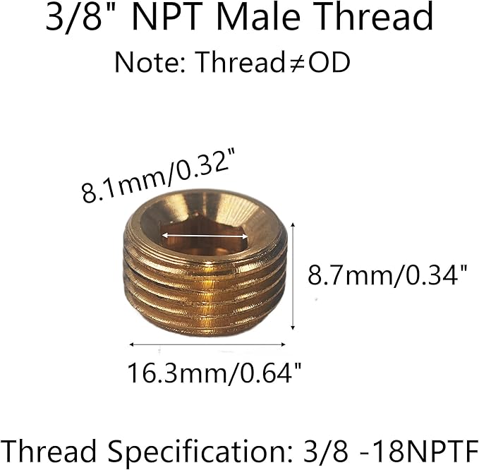 12PCS 3/8" NPT Male Plug Fitting Set, Brass Hex Counter Sunk Plugs, Internal Hex Socket Thread Pipe Plug for Closing the End of Pipe