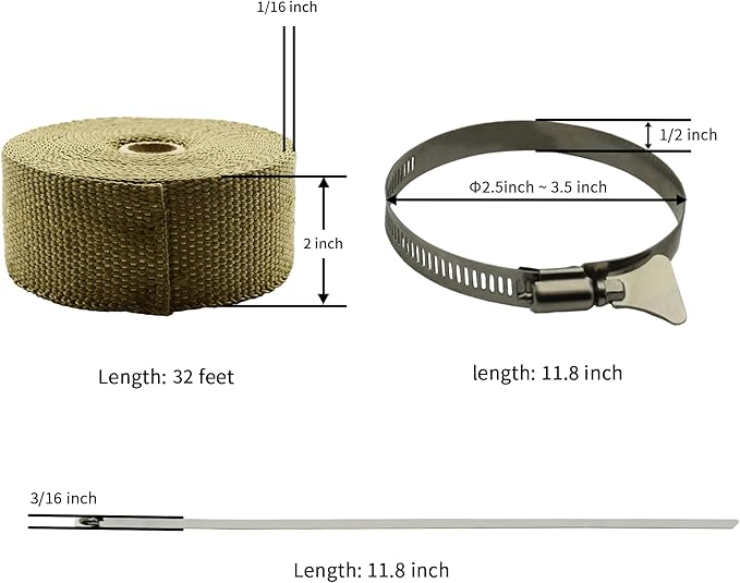 DOBTIM Fireproof Pipe Wrap Insulation 2" Wide X 32' Long, Fiberglass Heat Shield Tape Pipe Webbing for Stove Flue Protector with 2 Clamps,Titanium