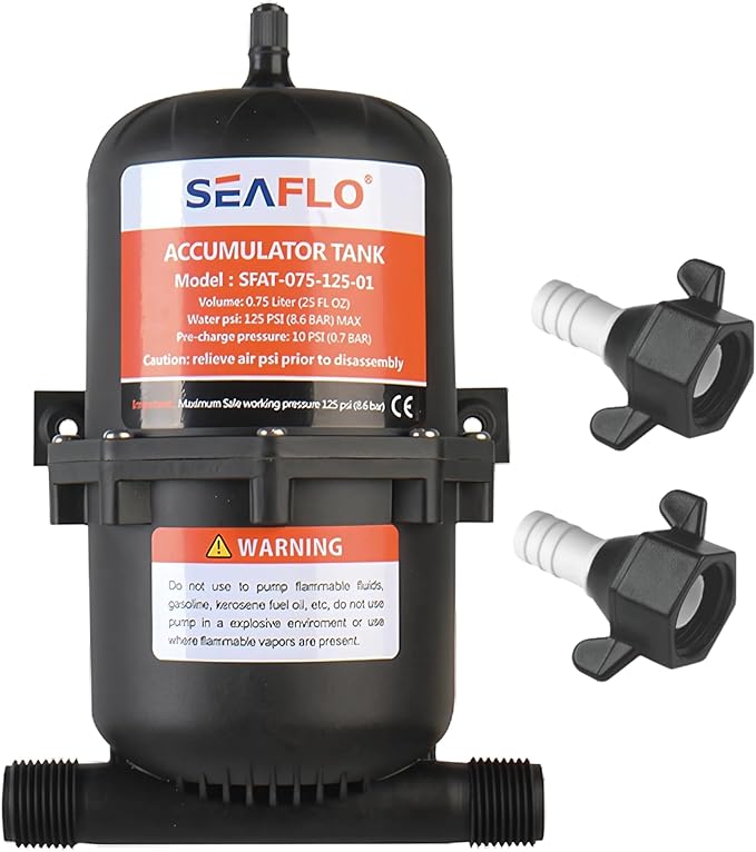SEAFLO Accumulator Tank Water Pump Flow Control with Internal Bladder - 125 PSI, 23.5 oz (0.75 L) | Reduces Pump Cycling and Smooths Water Flow for Marine, RV, and Off-Grid Systems