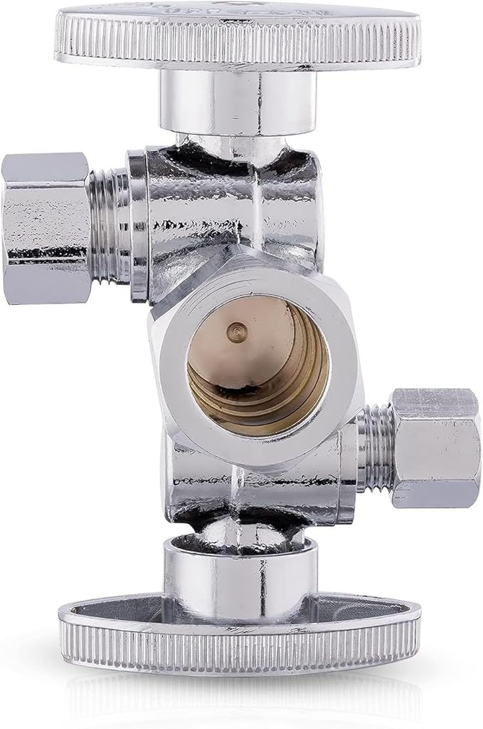 EFIELD 1/4-Turn Dual Compression Outlet Angle Stop Valve with 2 Shut Off Valve/Handles, 1/2" NOM (5/8" OD) x (3/8 inch x 1/4 inch) Chrome For Faucet Toilet Valve,Icemaker,Filter,(VALVE137)