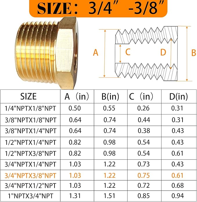 2 Pcs Brass Bushing 3/4" Male to 3/8" Female, 3/4" to 3/8" NPT Adapter Hex Brass Reducing Pipe Adapter Fitting Pipe Hose Tube Adapter Convert