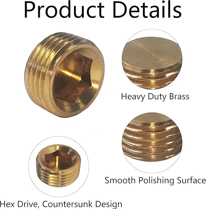 12PCS 1/2" NPT Male Plug Fitting Set, Brass Hex Counter Sunk Plugs, Internal Hex Socket Thread Pipe Plug for Closing the End of Pipe