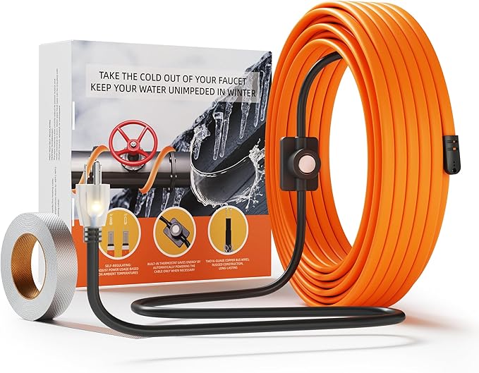 Heat Tape for Water Pipes, 15FT Pipe Heating Cable with Thermostat, Self-Regulating Freeze Protection, ETL Listed, -40°F Rated, 120V 3W/FT