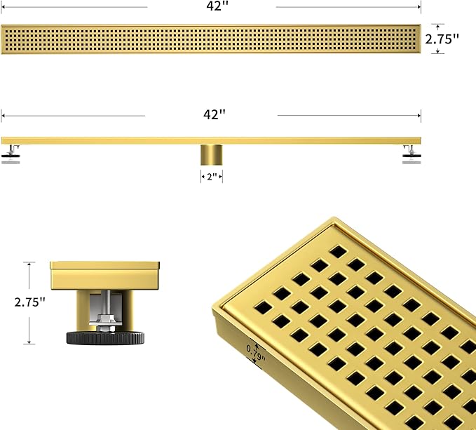 Linear Shower Drain 42", 304 Stainless Steel Floor Drain with Grid Drain Cover & Hair Strainer, Rectangular Shower Drain w/CUPC Certified, Brushed Gold