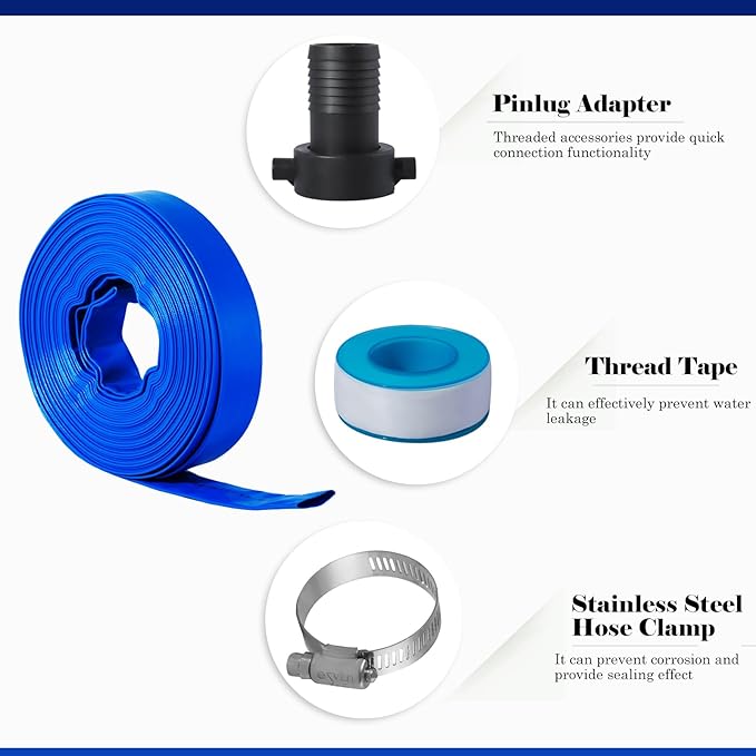 Eastrans 1 1/2 in x 100 ft Pool Backwash Hose Kit with Female NPT Adapter,Heavy Duty Discharge Pump Hose for Swimming Pool,Reinforced Pool Drain Hose with 2 Clamps and Thread Seal Tape,6 Bar