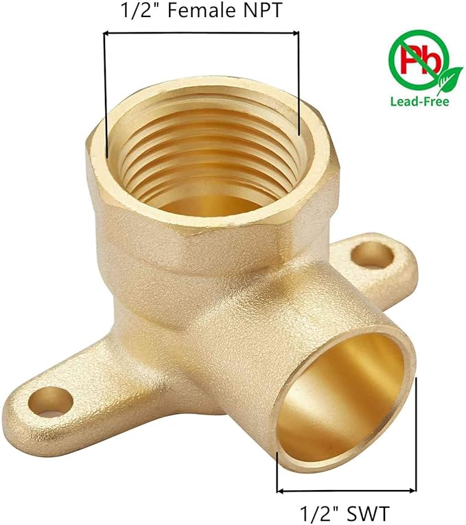 2 Pack Brass Construction 1/2-Inch Drop Ear 90-Degree Elbow,1/2" Sweat x 1/2" Female NPT,Hose Pipe Fitting