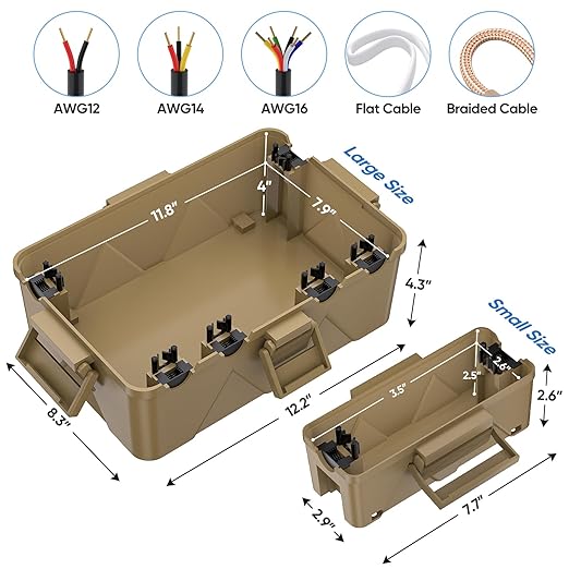 TICONN Outdoor Electrical Box, IP54 Splash-Proof Outdoor Extension Cord Cover, Protects Power Strip, Plug, Socket, Timer, Holiday Lights (Brown, Small)