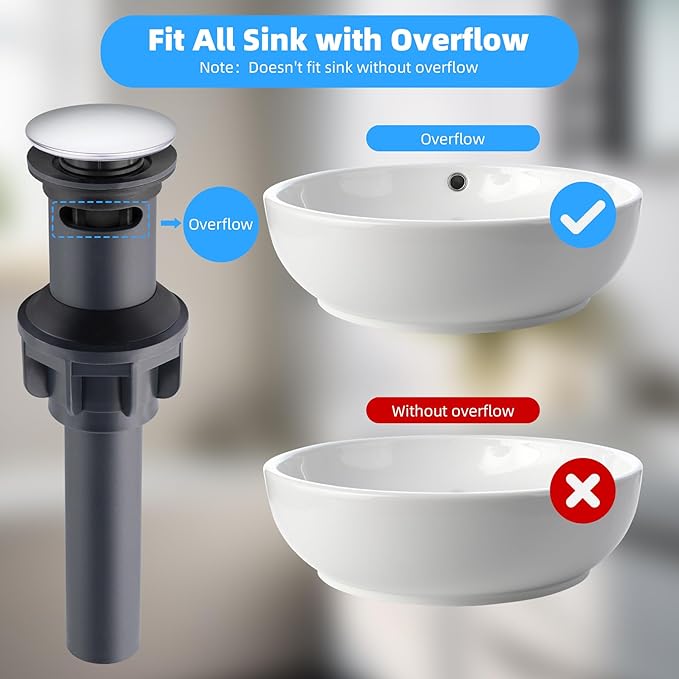 Hibbent 2 Pack Universal Bathroom Sink Drain Stopper, Pop Up Drain Strainer with Overflow, Push and Seal Sink Plug with Basket for Lavatory Vanity Vessel, Anti-Clogging Strainer, Chrome