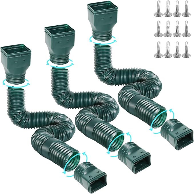 3 Pack Flexible Gutter Downspout Extensions Extendable from 21" to 67", Downspout Extender Comes with Adapters, Thickened Down spout Drain Extension for Rainwater Drainage(Green)
