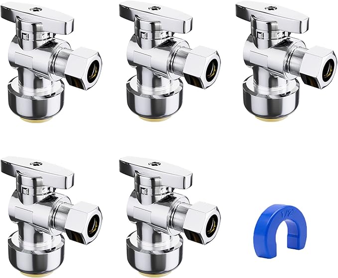 VINTEX 5-Pack Angle Stop Valve,1/2" Ptc x 3/8" OD Compression Angle Shut Off Valve, 1/2 Inch Ptc x 3/8 Inch OD Compression Water Shut Off Valve, PEX, Copper, Cpvc