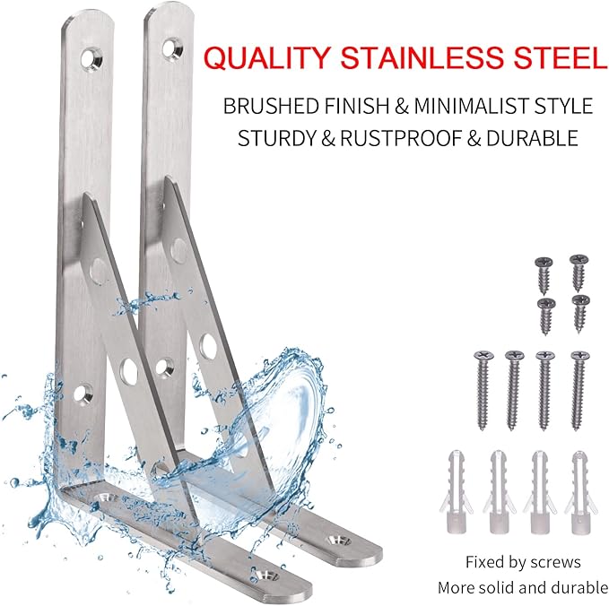 YUMORE Stainless Steel Shelf Bracket 8", Heavy Duty Solid Shelf Support, Right Angle DIY L Bracket, Max Load: 220 lb, Pack of 2