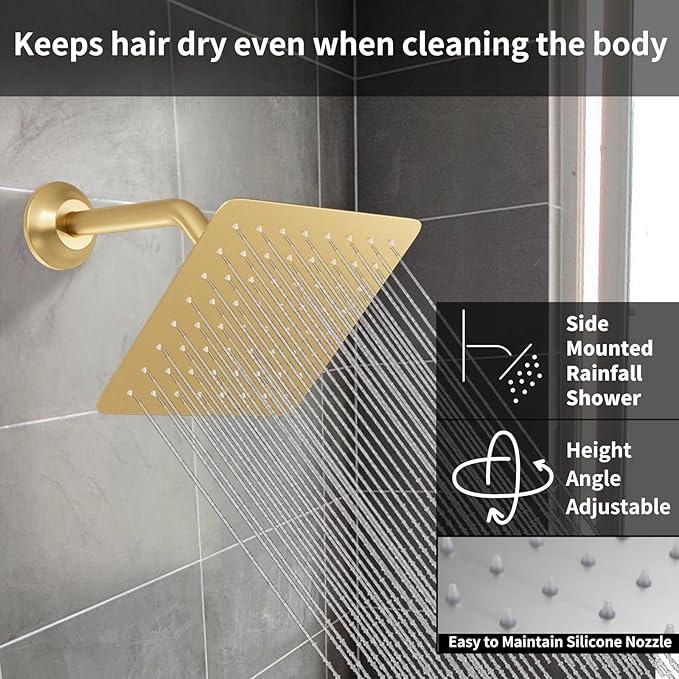 Temperature Display Brushed Gold Shower System Set, Push Button Shower Faucet with 2 Rainfall Shower Head(12+8 inch), with Handheld Shower