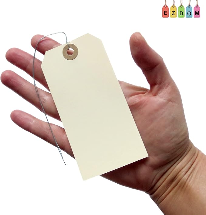 Durable Shipping Tags with Wire Ties – 200 Tags # 5, 4 3/4" x 2 3/8" – Manila Paper Tags with Wire and Reinforced Eyelet