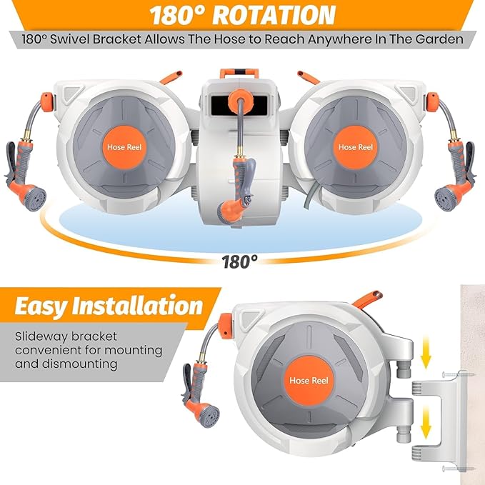 Retractable Garden Hose Reel, EliteEdge 1/2 In x 130 Ft With 9 Function Sprayer Nozzle, Any Length Lock, Automatic Rewind and Slow Return System, Wall Mounted and 180 Deg Swivel Bracket