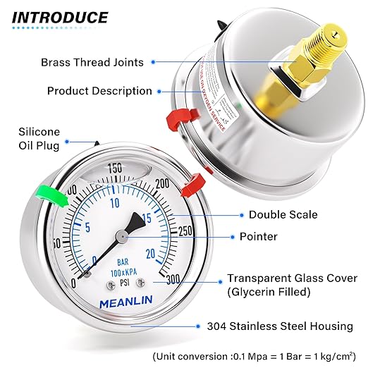 MEANLIN MEASURE 0~300Psi Liquid Filled Pressure Gauge Stainless Steel 1/4" NPT 2" FACE DIAL for Air Compressor Air Regulator Water Filter Center Back Mount, with Hex Bushing and 2PCS Snaps