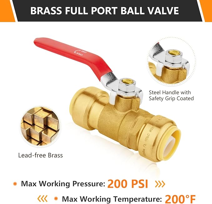 10-PCs HeSun Push Fit Ball Valve, 1/2-Inch Push-to-Connect Full Port Shut-off Valve for Hot and Cold Water,with 2 Disconnect Clips, PEX,Copper,CPVC, Red(PF-VALVE046-10)