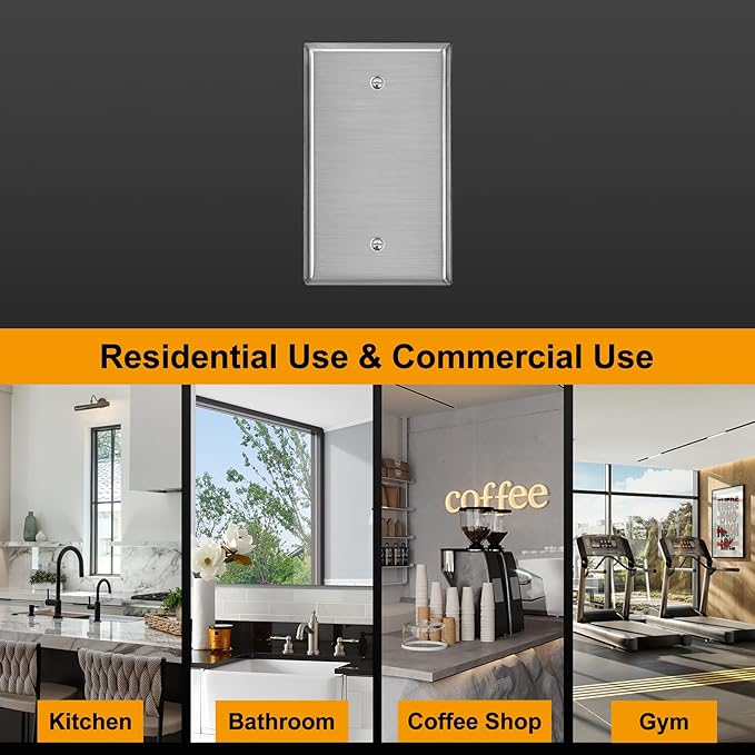 [10 Pack] BESTTEN No Device Stainless Steel Wall Plates with Ｗhite or Clear Plastic Film, Blank Metal Outlet Cover, Durable Corrosion-Resistant Industrial Grade Materials, H4.53” x W2.76”