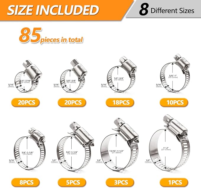 85PCS Hose Clamp Assortment Kit, Stainless Steel Worm Drive Clamps, Adjustable 1/4'' to 2'' (6-51mm) Worm Gear Hose Clamps for Plumbing, Automotive And Mechanical Applications
