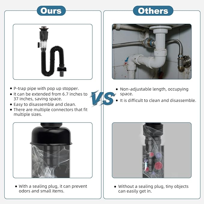 iFealClear Bathroom Sink Drain Kits, Flexible P-Trap Drain Pipe with Pop Up Stopper, Bathroom Sink Pipe Replacement with 2 Adapters, Fits 1-1/4'', 1-1/2'', 2" Holes, Hair Catcher, Oil Rubbed Bronze