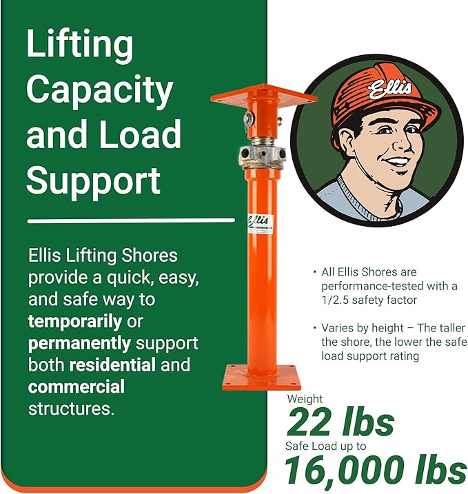Ellis Manufacturing Light-Duty Steel Lifting Shore – Adjustable Basement Jack for Floor Leveling, Beams, Concrete, and Foundation – 16,000 lb Safe Load Capacity – 22"-38" Adjustment