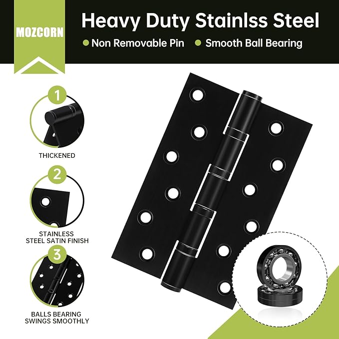 6 Pack Black Door Hinges 6 Inches Ball Bearing Hinges Heavy Duty Stainless Steel Hinge with Screws, Square Corner, Smooth and Quiet