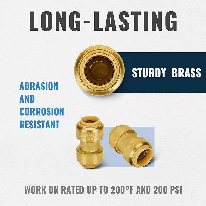 SUNGATOR Push Plumbing Fittings Assortment, 1/2 Inch Coupling (5 PCS), 3/4 Inch Coupling (5 PCS), No Lead Brass Push to Connect Pex Pipe, Copper, CPVC, with 2 Disconnect Clips, Pack of 10